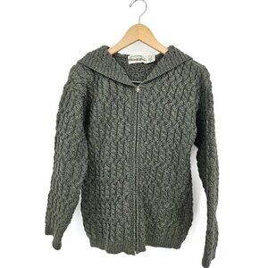 Aran Crafts Ireland Green Sweater Size S Zip Front Hooded Merino Wool Cable Knit